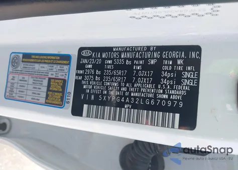 2020 Kia Sorento 2.4L L from USA, damaged, VIN 5XYPG4A32LG670979